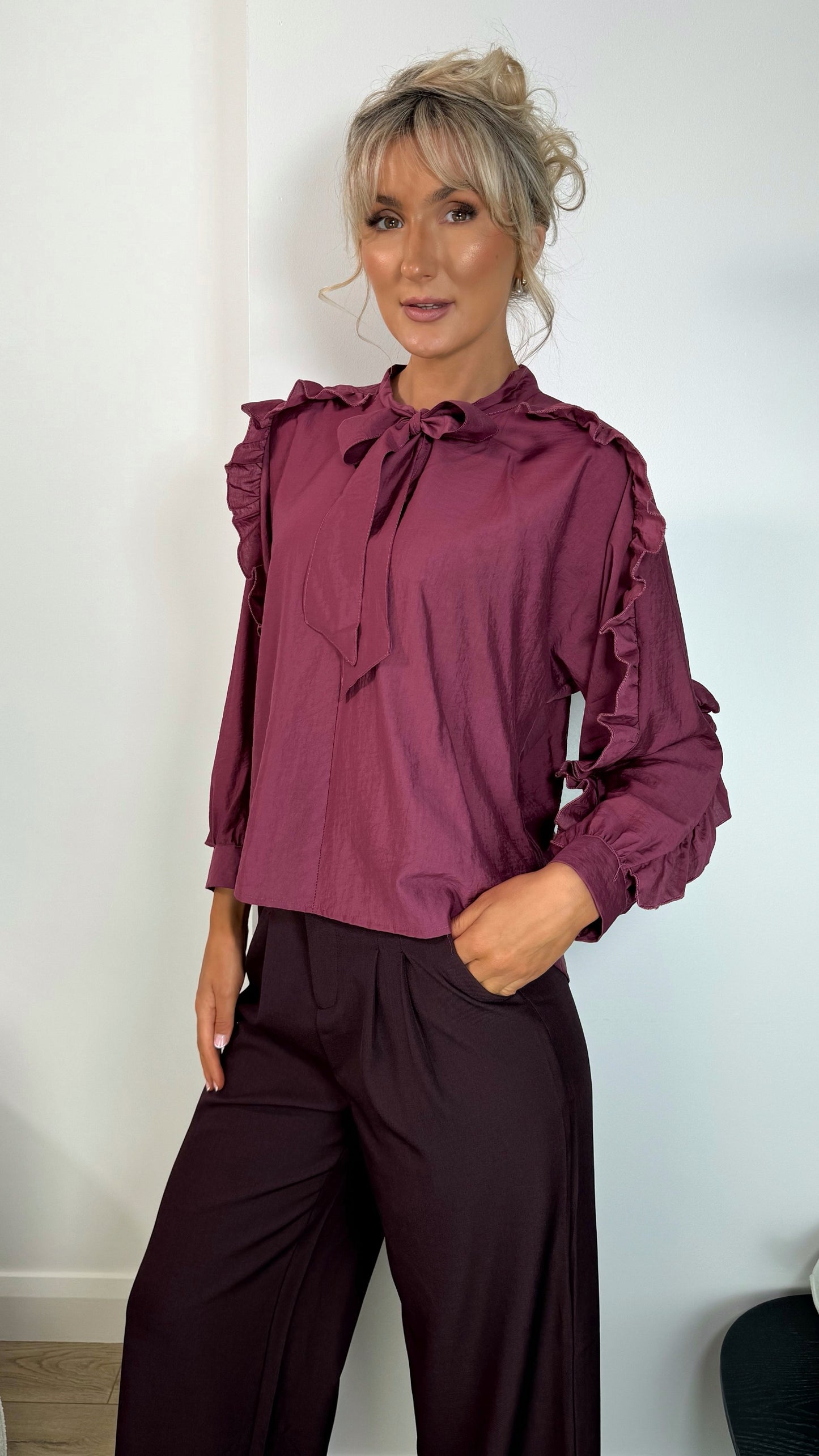 Norah Bowknot Blouse with Ruffle Sleeves - Burgundy