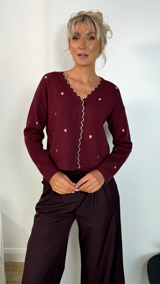 Olivia Heart Print Button Down Cardigan - Burgundy