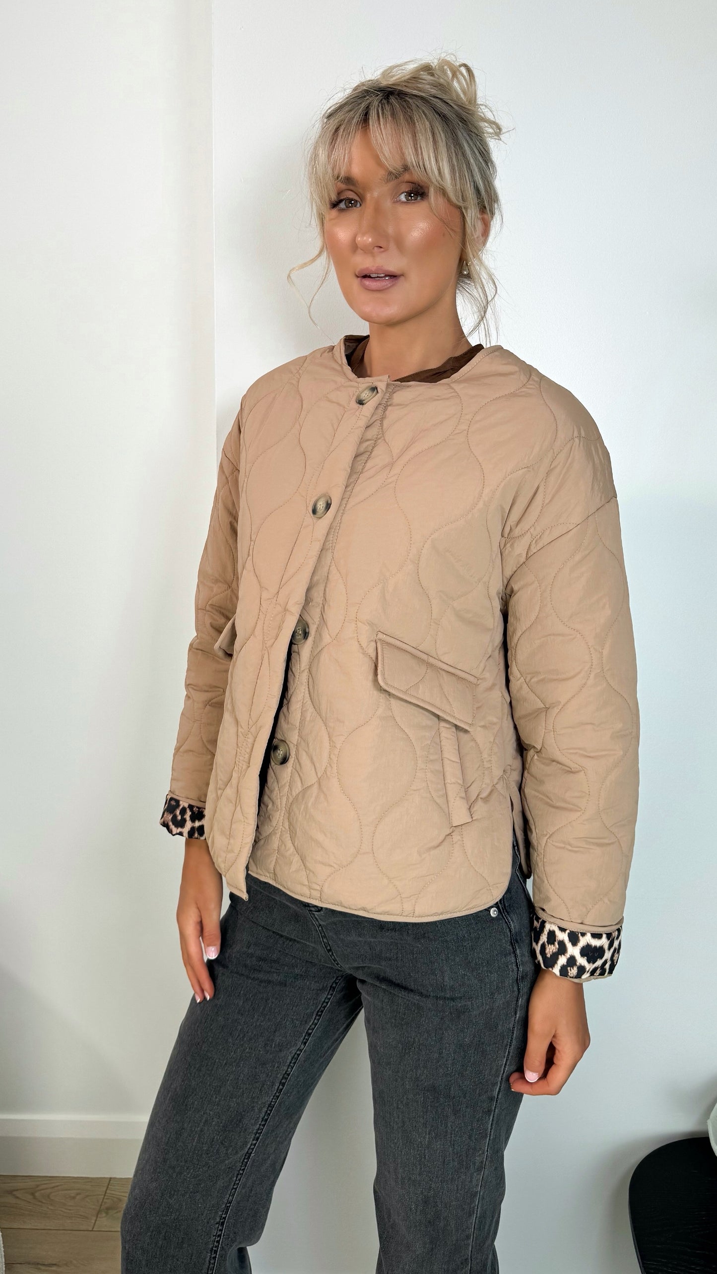 Emily Puffer Jacket with Pockets and Animal Print Details - Beige