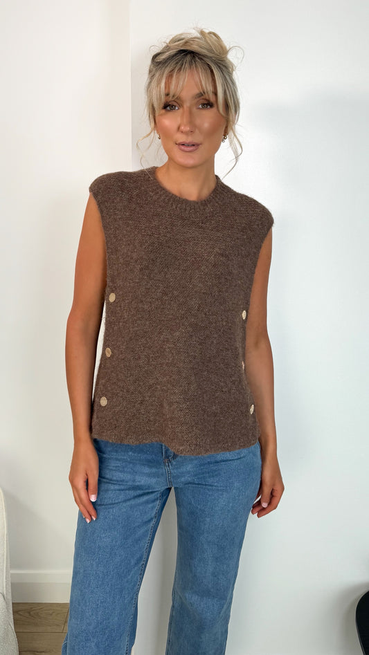 Monica Sleeveless Side Buttons Knit - Brown