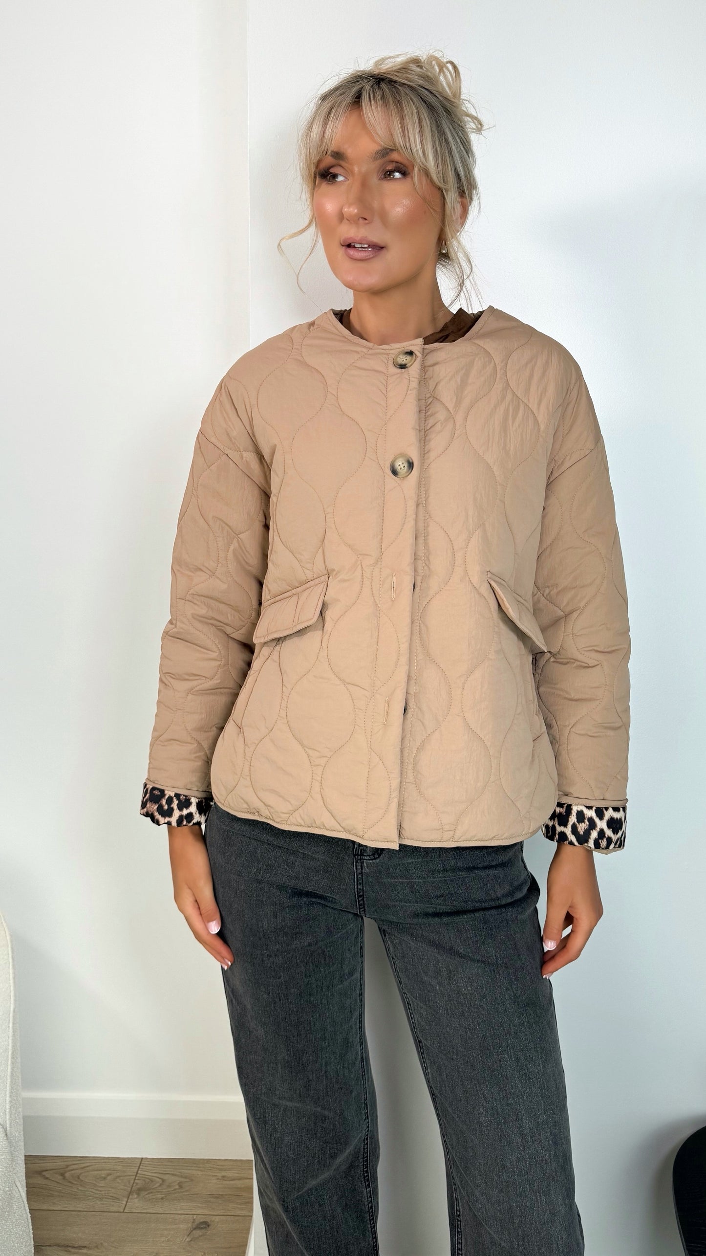 Emily Puffer Jacket with Pockets and Animal Print Details - Beige