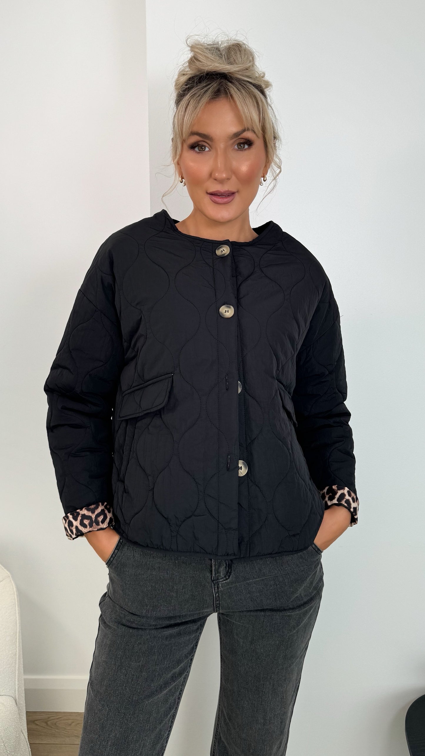 Emily Puffer Jacket with Pockets and Animal Print Details - Black
