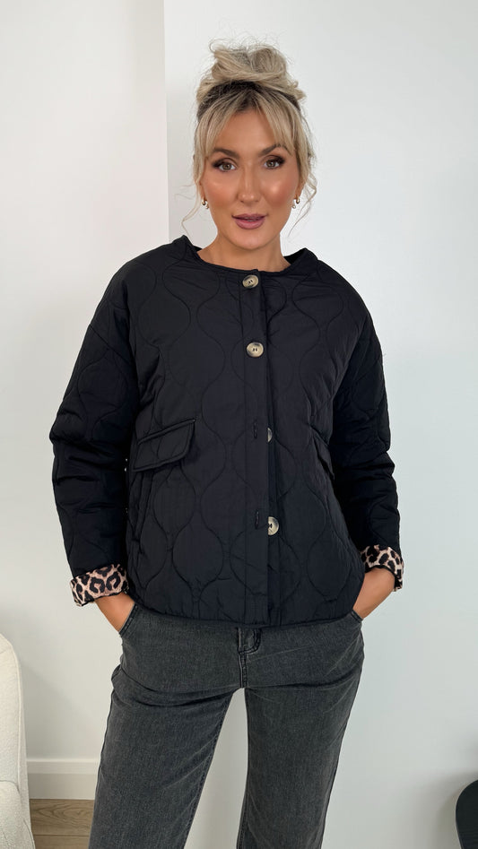 Emily Puffer Jacket with Pockets and Animal Print Details - Black