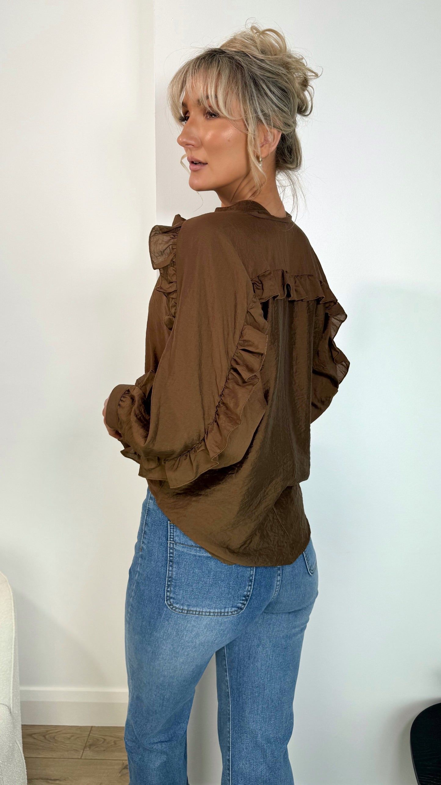 Norah Bowknot Blouse with Ruffle Sleeves - Brown