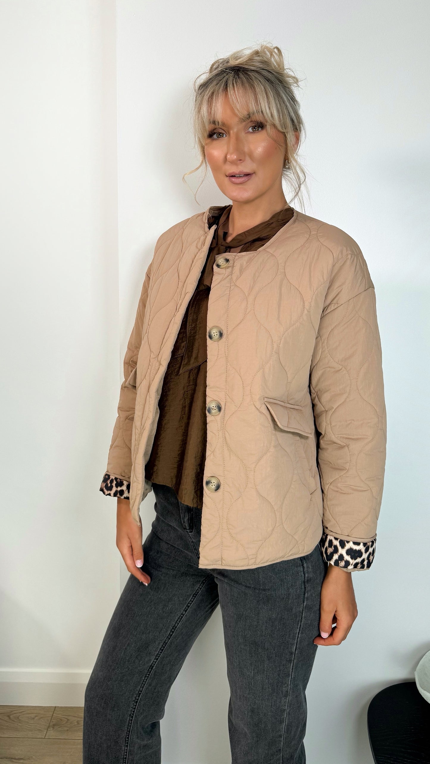 Emily Puffer Jacket with Pockets and Animal Print Details - Beige