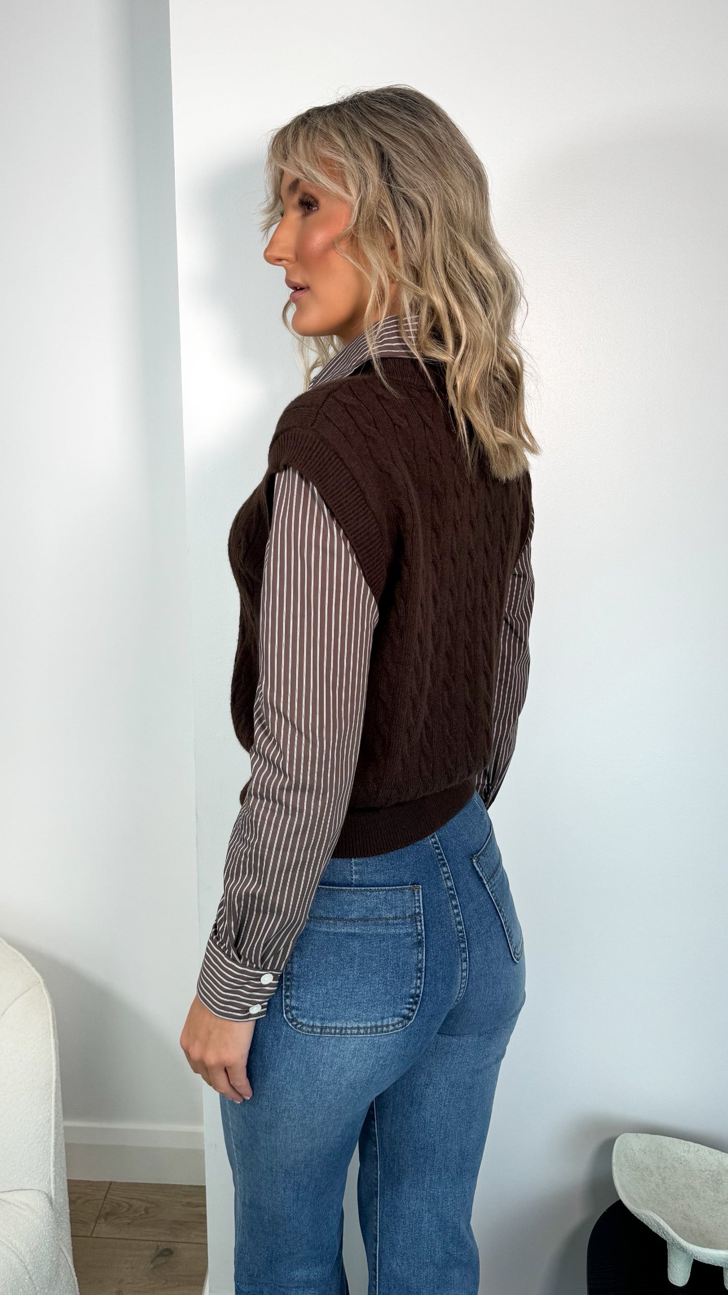 Nicole two-in-one vest and stripped shirt - Brown