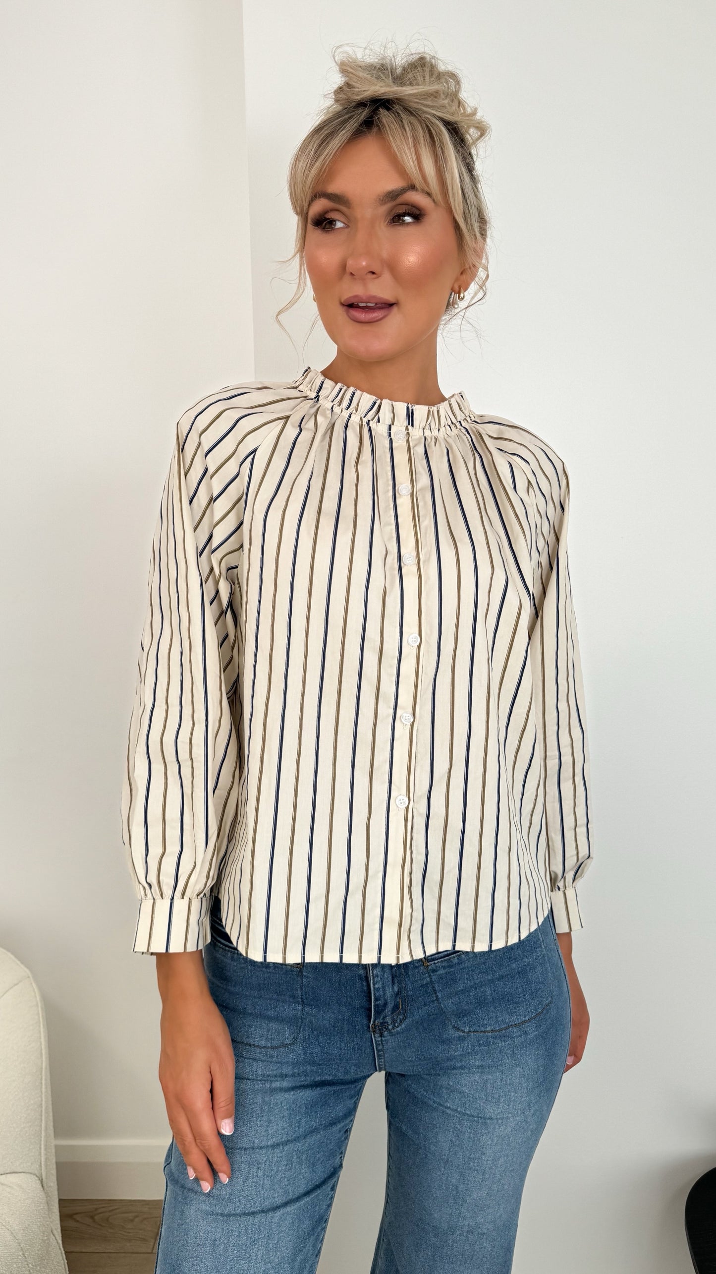 Pamela Striped Button Down Blouse - Beige