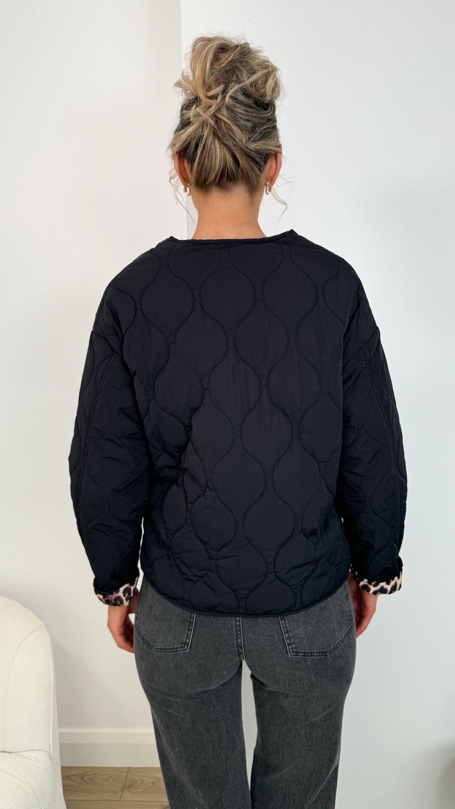 Emily Puffer Jacket with Pockets and Animal Print Details - Black