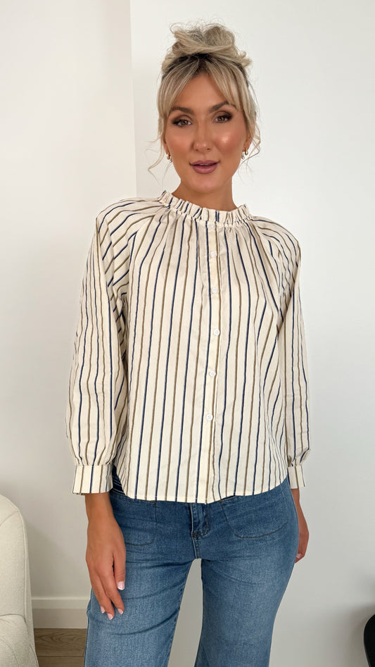 Pamela Striped Button Down Blouse - Beige