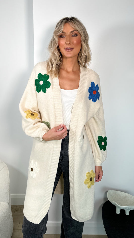 Agatha Floral Pattern Maxi Cardigan - Beige