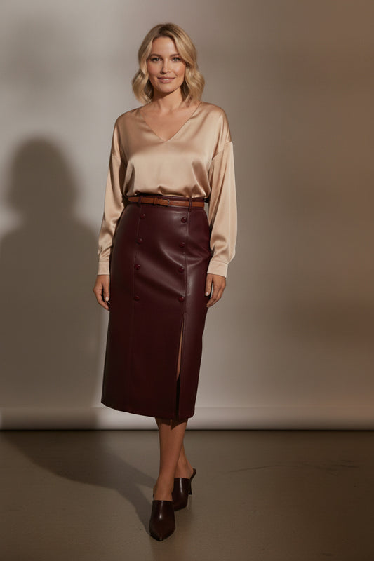 Amelie Maxi Faux Leather Skirt with Button Details - Burgundy