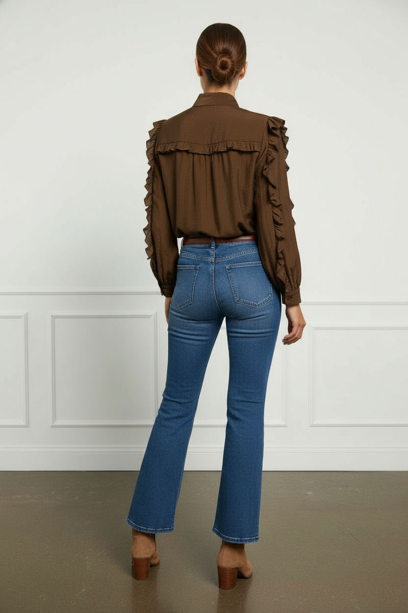Norah Bowknot Blouse with Ruffle Sleeves - Brown