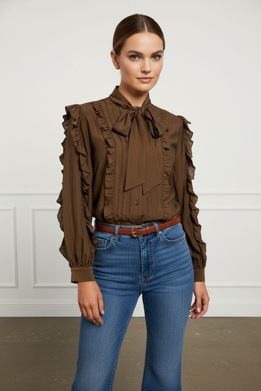 Norah Bowknot Blouse with Ruffle Sleeves - Brown