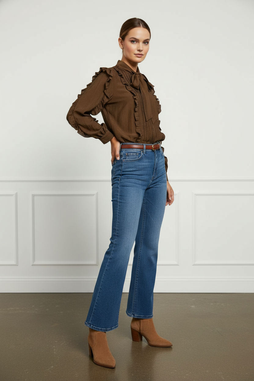 Norah Bowknot Blouse with Ruffle Sleeves - Brown