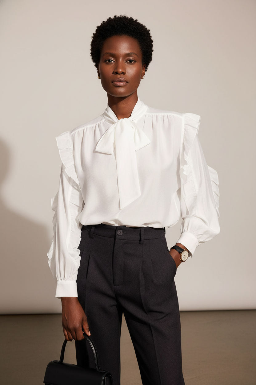 Norah Bowknot Blouse with Ruffle Sleeves - White