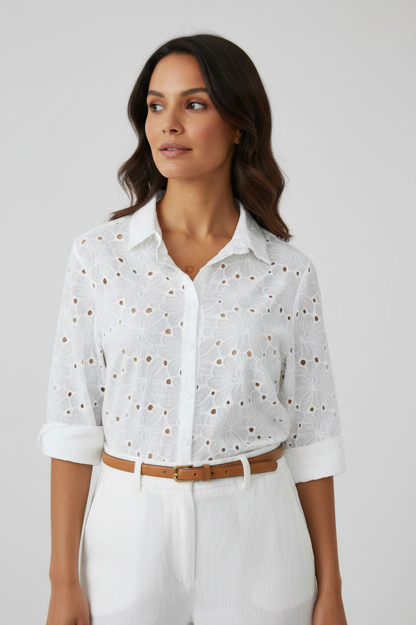 Clara Broderie Button Up Shirt - White