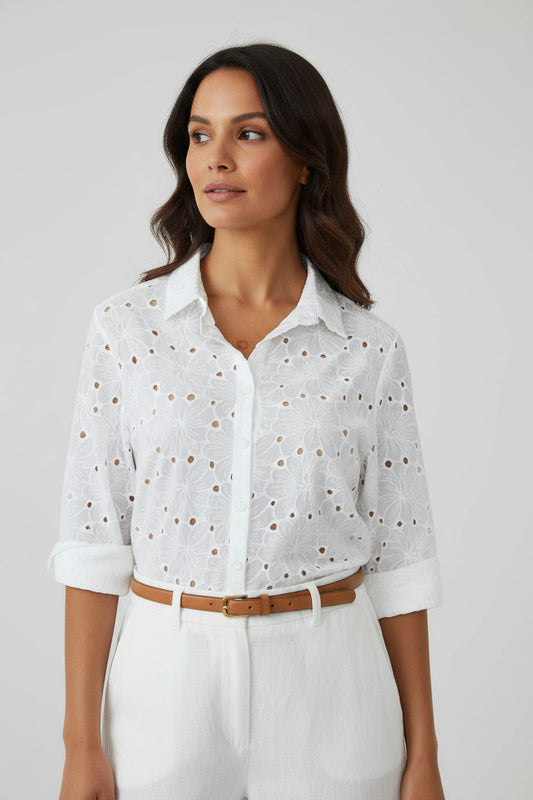 Clara Broderie Button Up Shirt - White