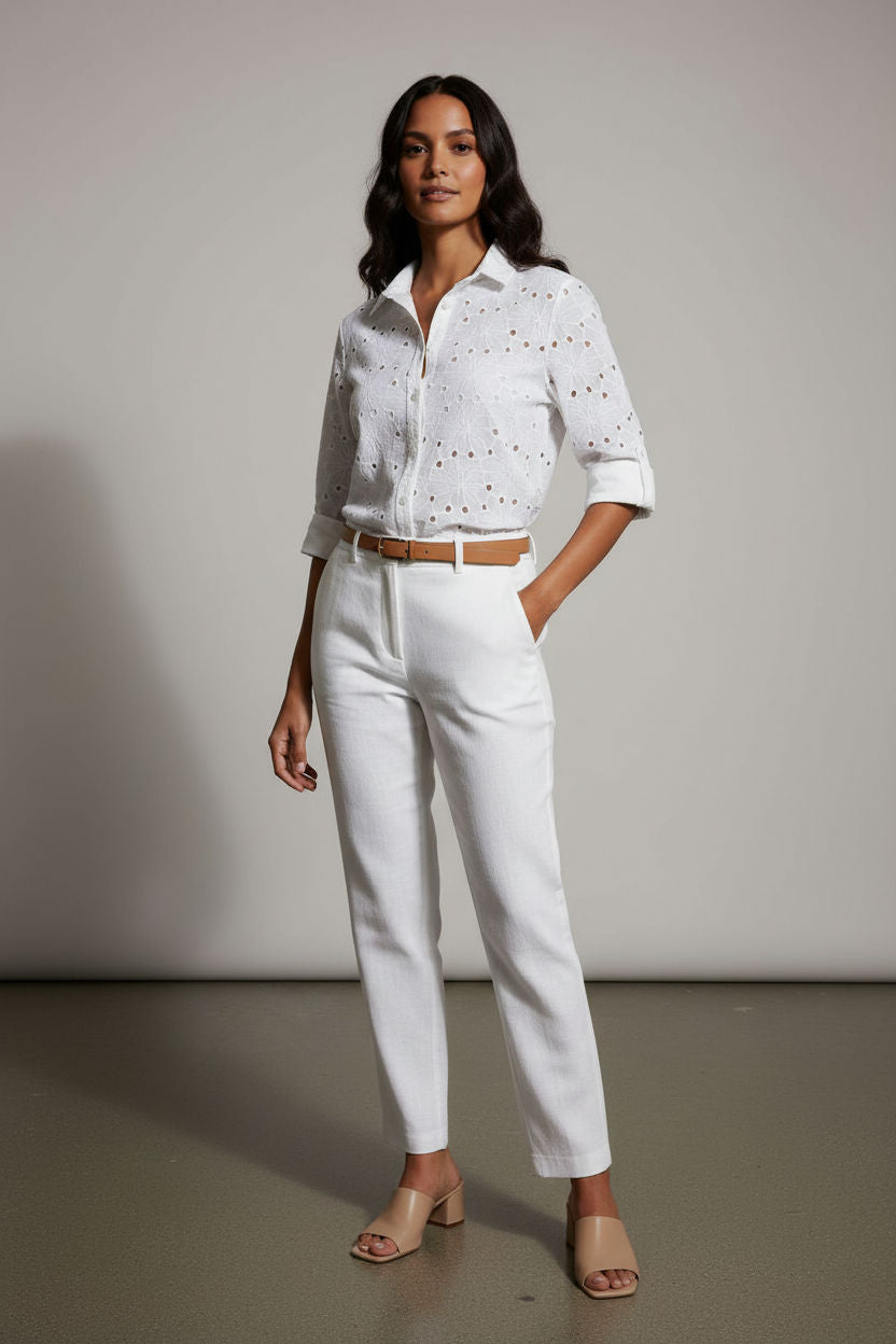 Clara Broderie Button Up Shirt - White