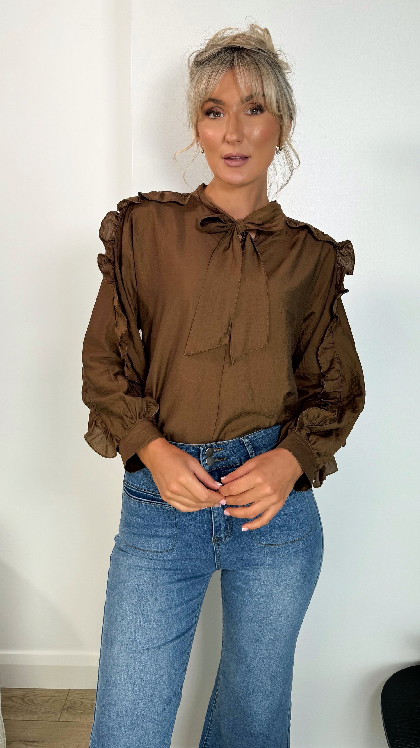 Norah Bowknot Blouse with Ruffle Sleeves - Brown