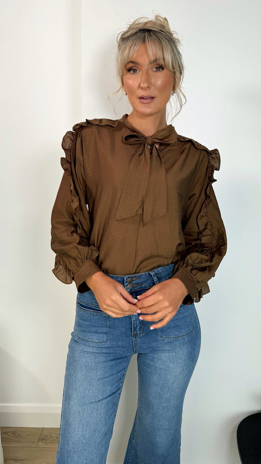 Norah Bowknot Blouse with Ruffle Sleeves - Brown