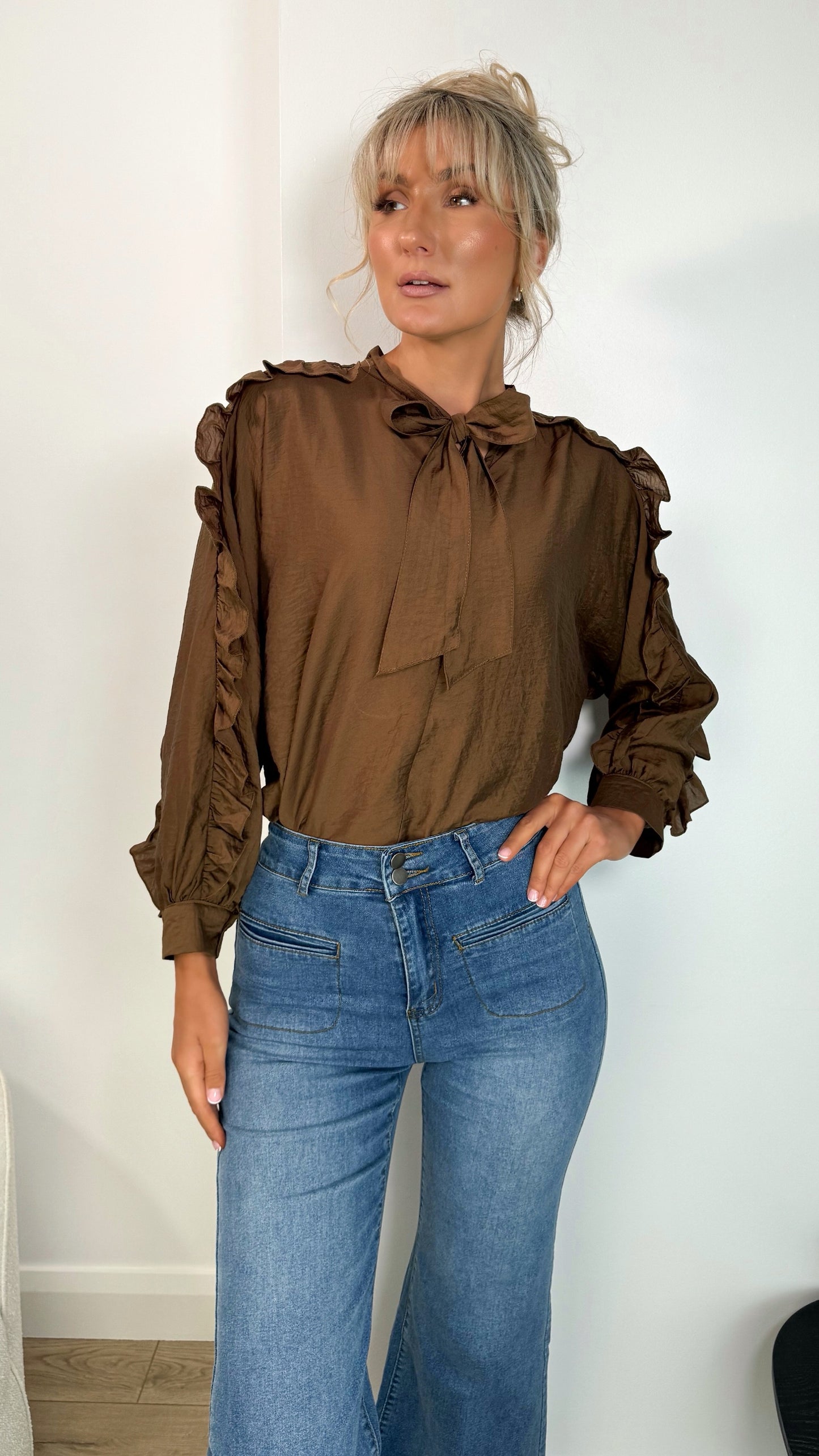 Norah Bowknot Blouse with Ruffle Sleeves - Brown