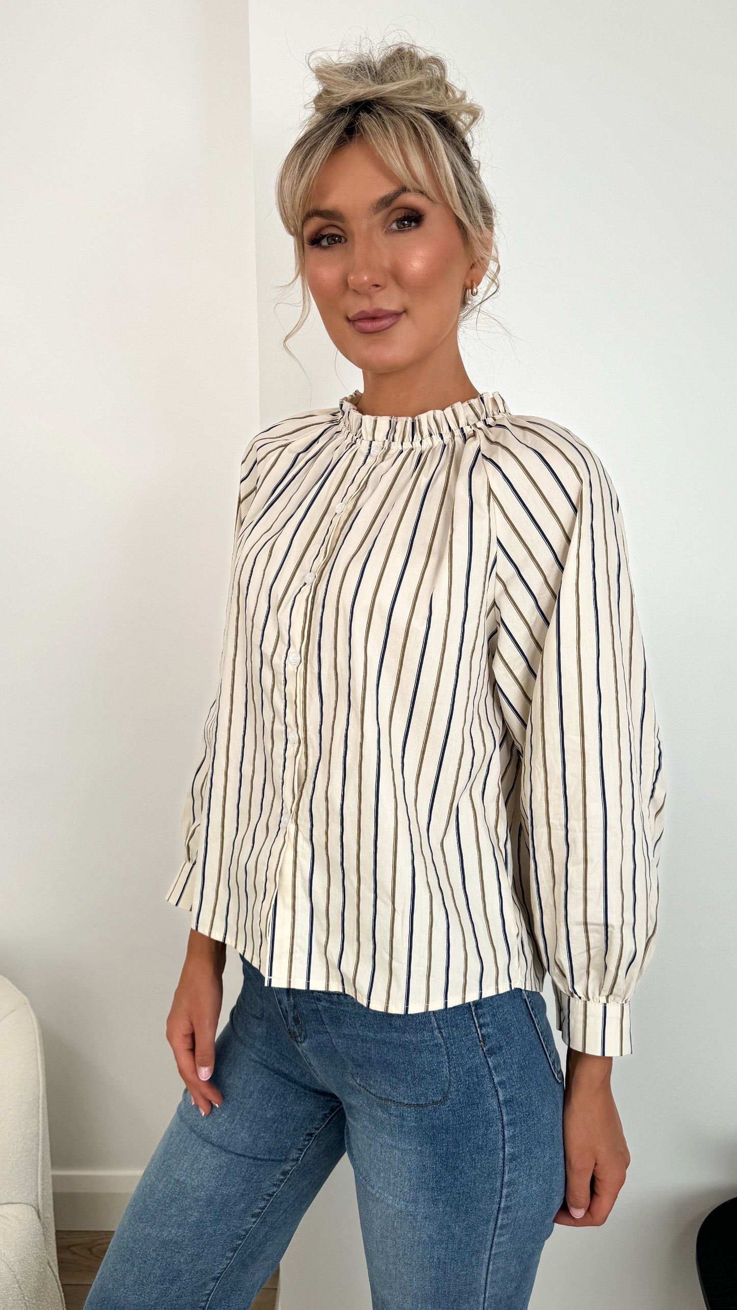 Pamela Striped Button Down Blouse - Beige
