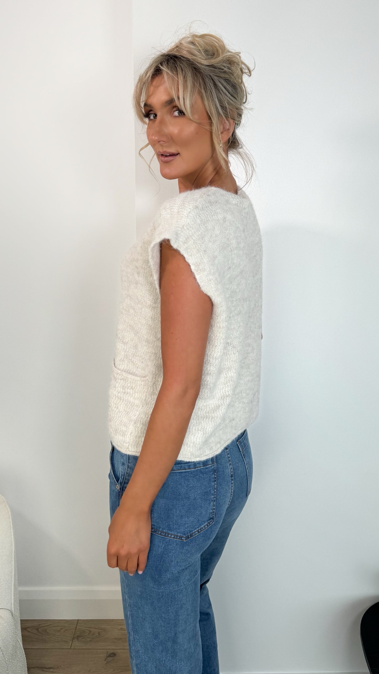 Lunna Sleeveless Button Down Cardigan with Front Pockets - Beige