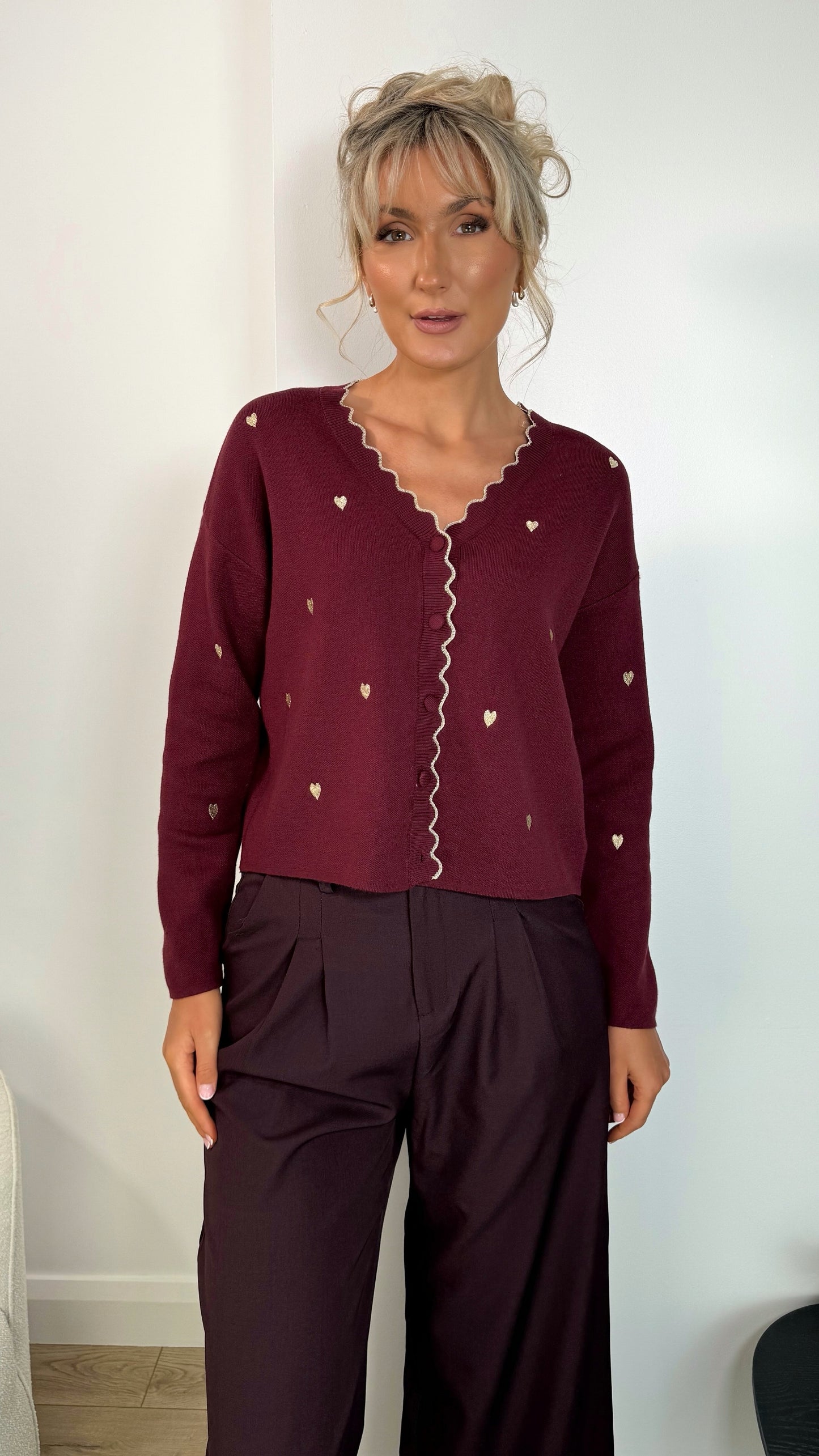 Olivia Heart Print Button Down Cardigan - Burgundy
