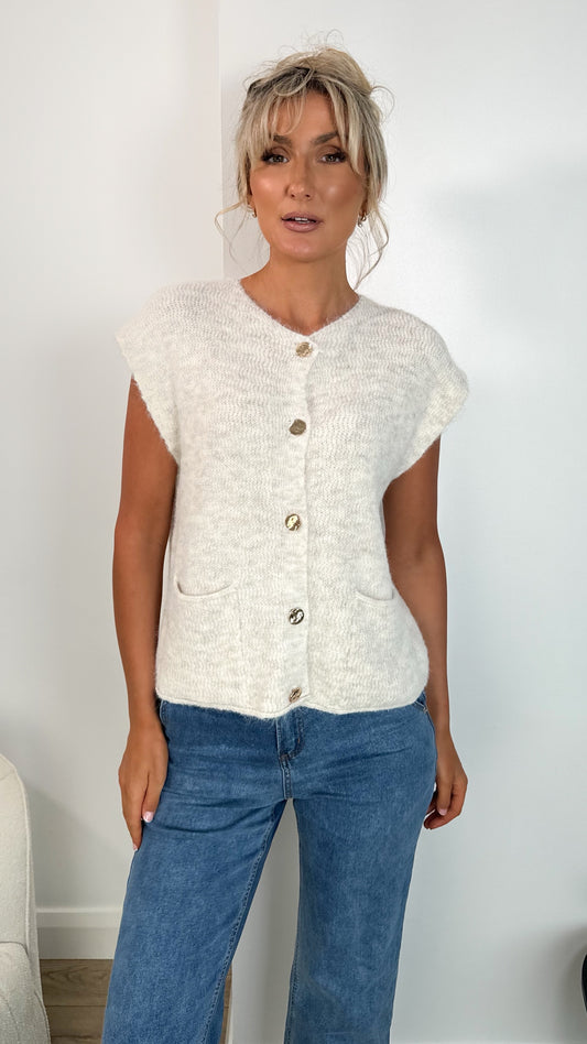 Lunna Sleeveless Button Down Cardigan with Front Pockets - Beige