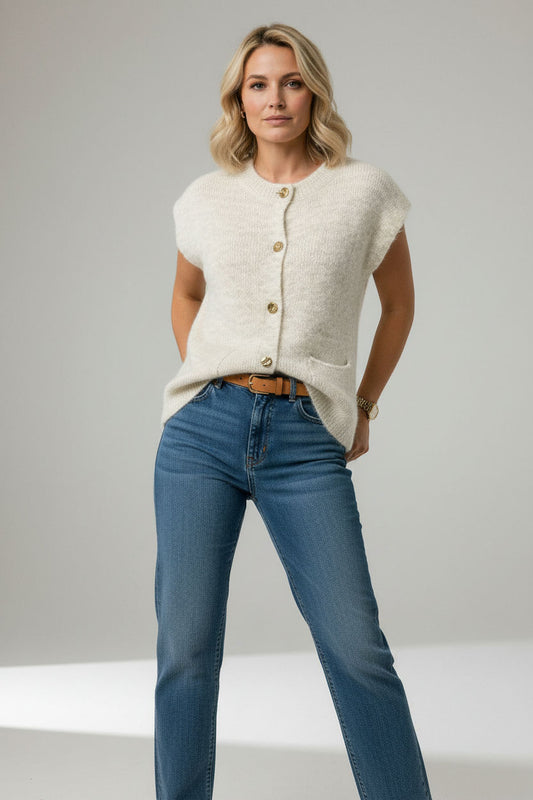 Lunna Sleeveless Button Down Cardigan with Front Pockets - Beige