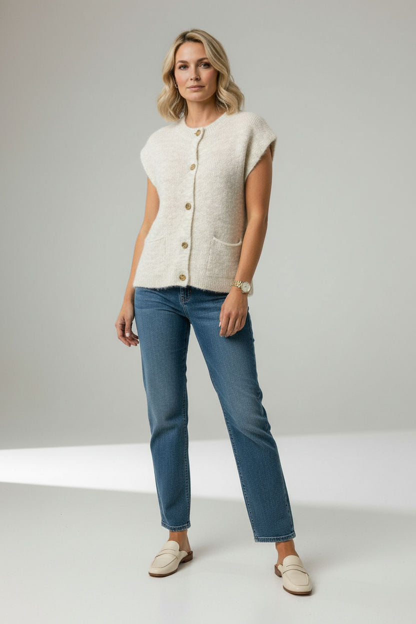 Lunna Sleeveless Button Down Cardigan with Front Pockets - Beige