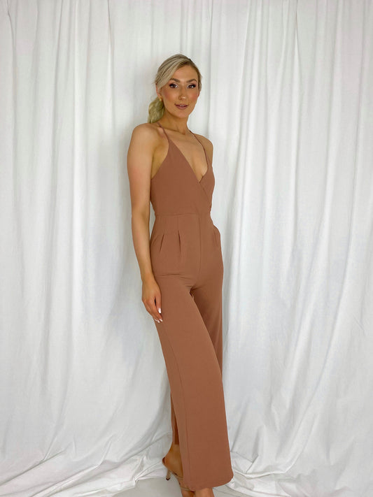 Mia Tan V Neck Spaghetti Strap Jumpsuit