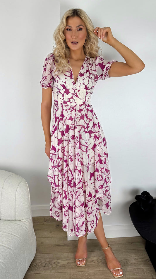 Gina Floral Dress with Button Details - Purple