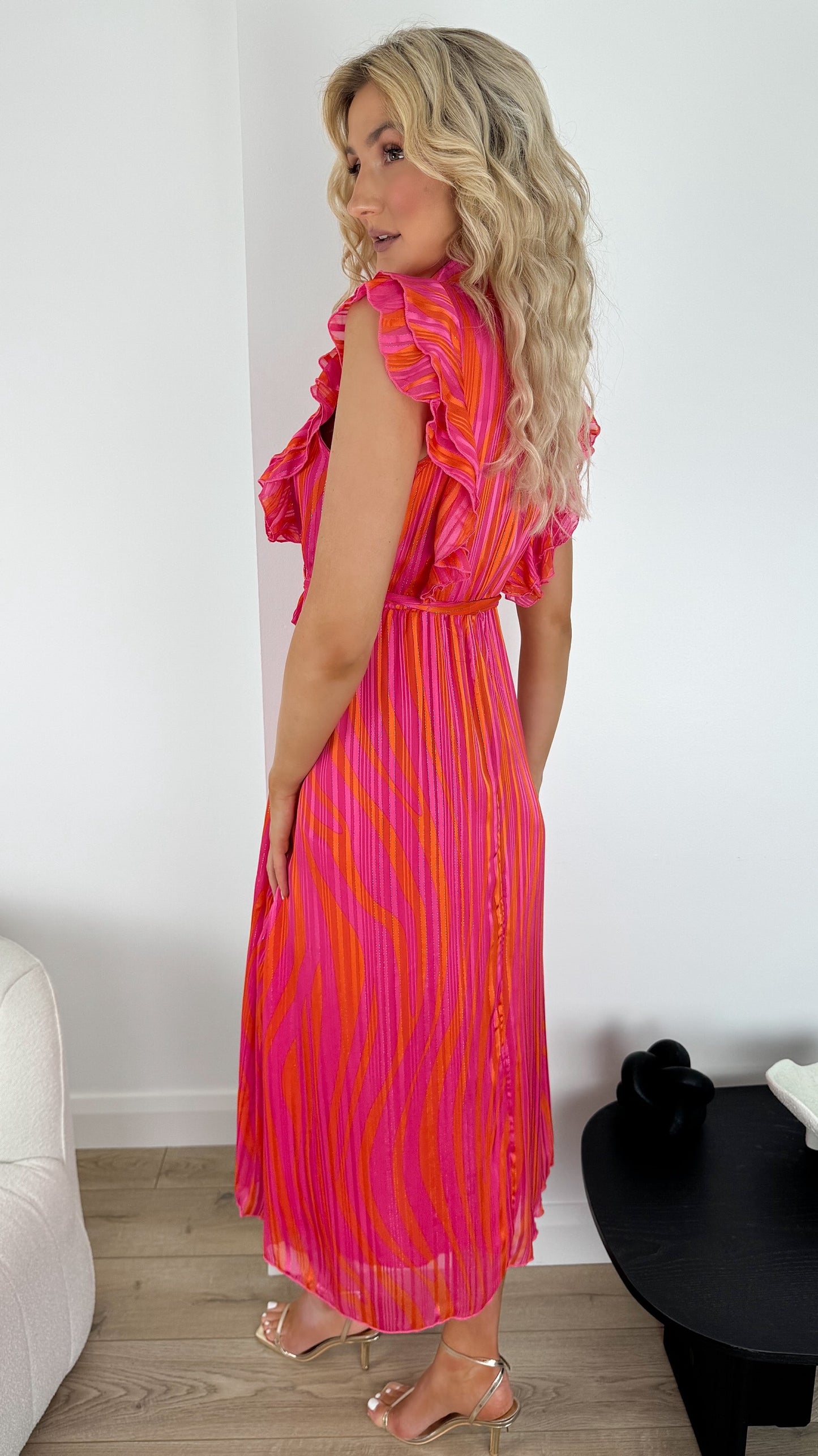 Bia Maxi Striped Dress with Frill details - Fuchsia