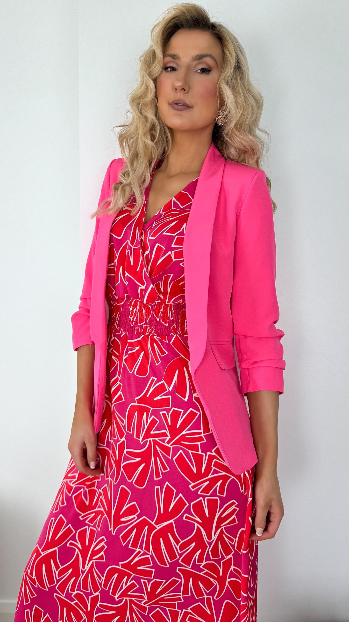 Sinead Slim Open Blazer with Ruched Sleeves - Pink