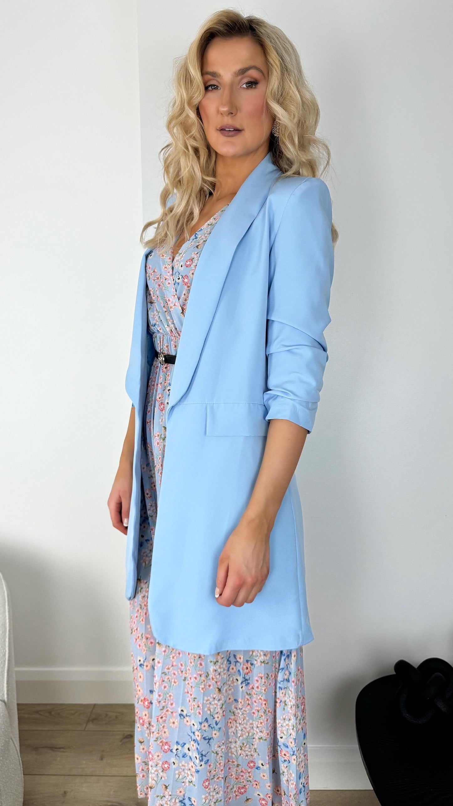 Anne Longline Blazer with Ruched Sleeves - Light Blue