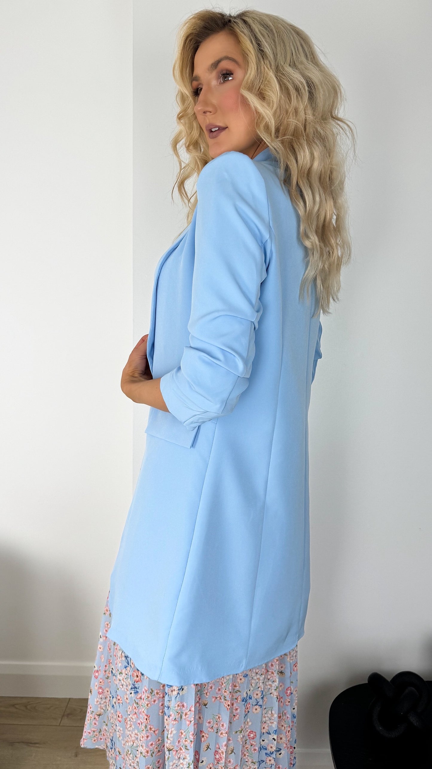 Annie Longline Blazer with Ruched Sleeves - Light Blue