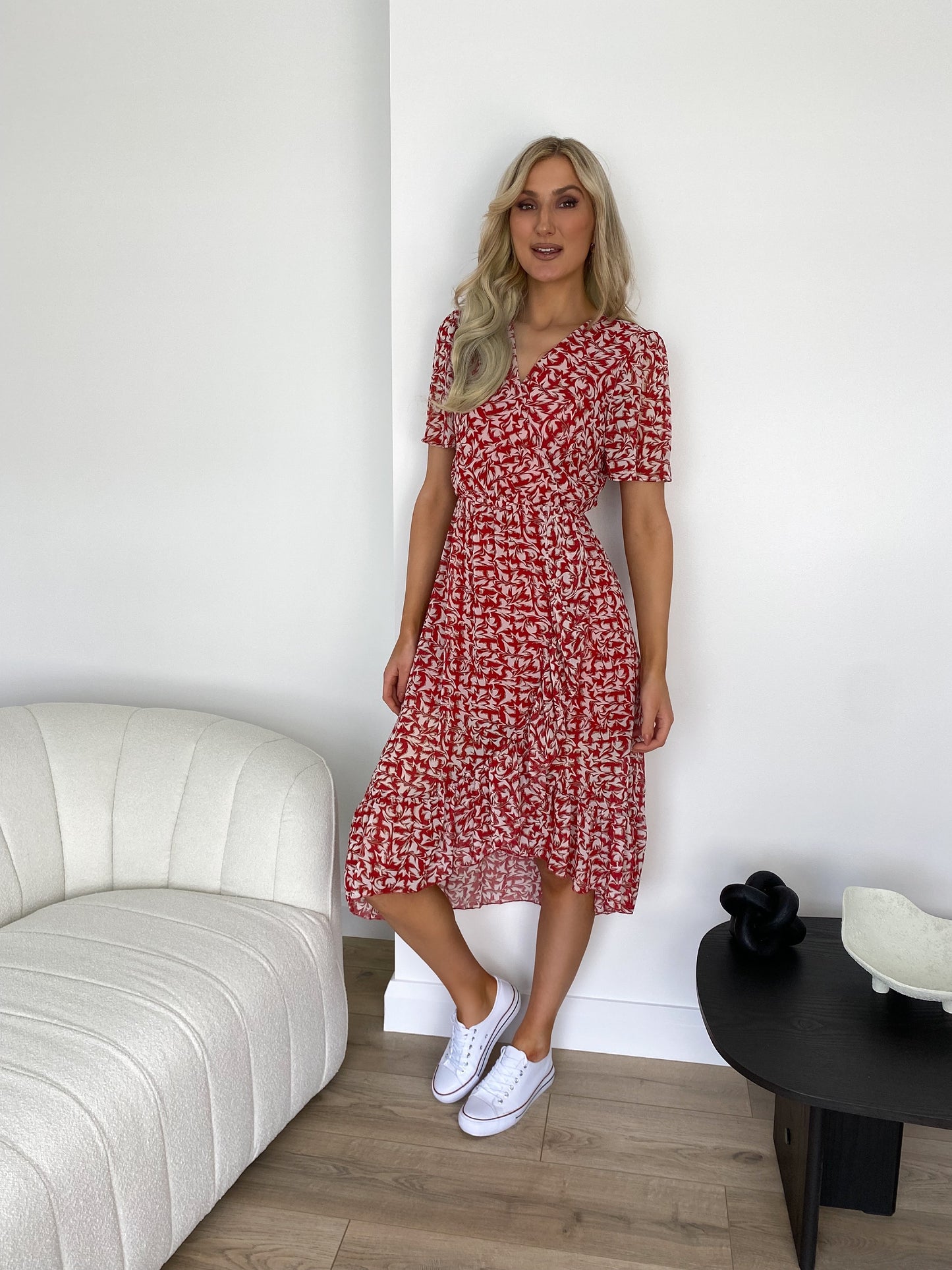 Sofia Printed Ruffle Dress - Red