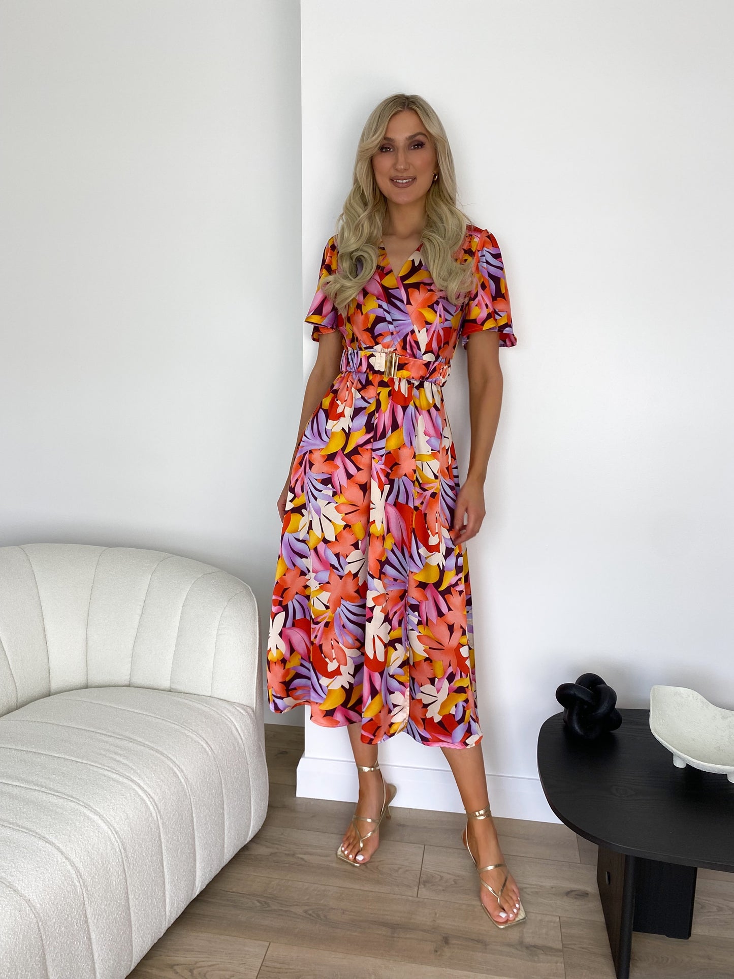 Aoife Floral Satin Belted Dress - Multicolour