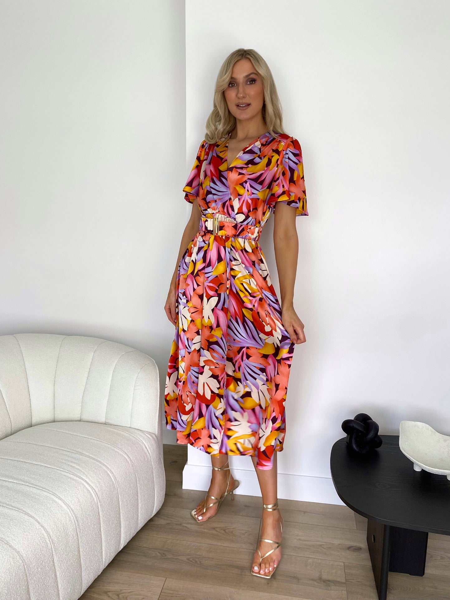Aoife Floral Satin Belted Dress - Multicolour