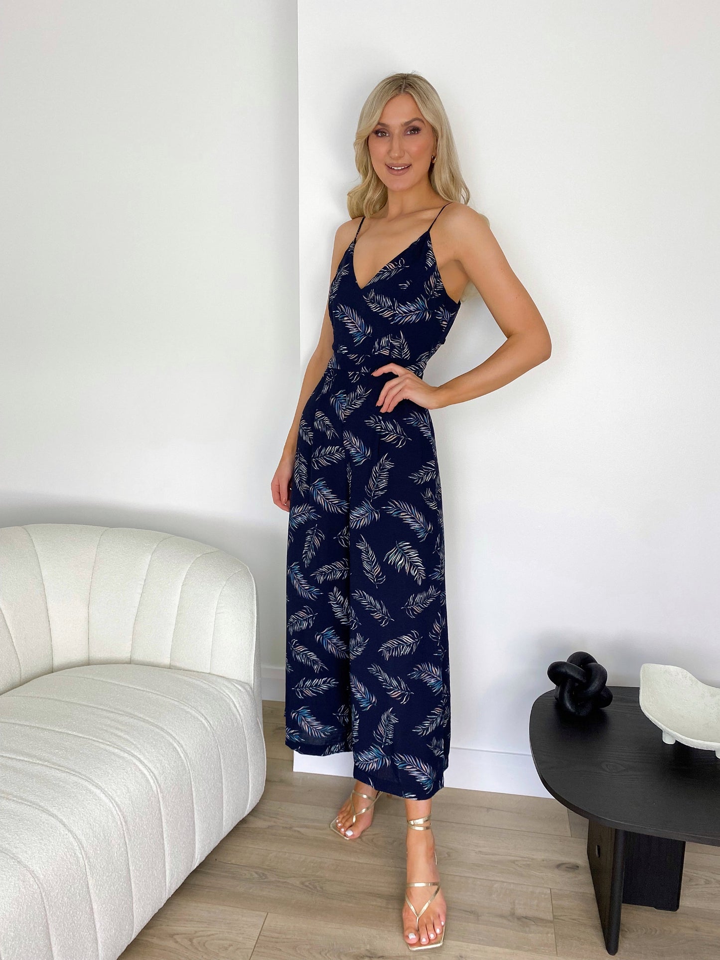 Zaneta Summer Navy Print with Shoestring Strap Jumpsuit