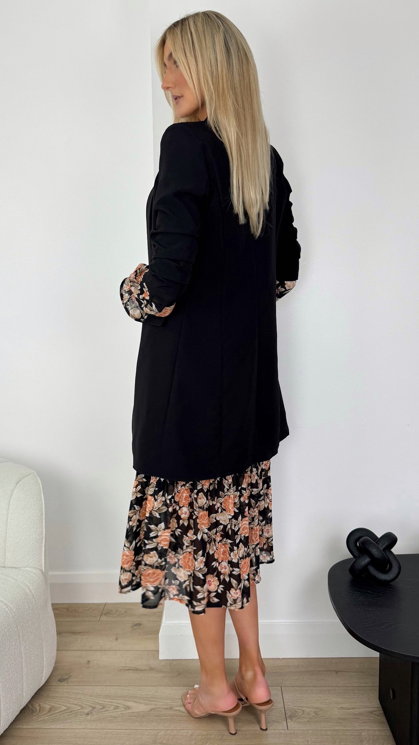Annie  Longline Blazer with Ruched Sleeves - Black