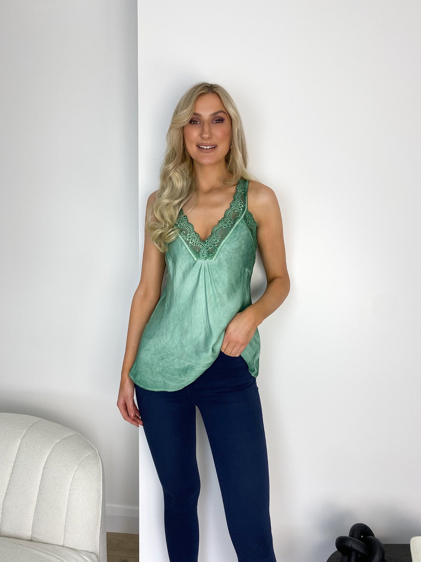 Emily Satin Lace Top - Green