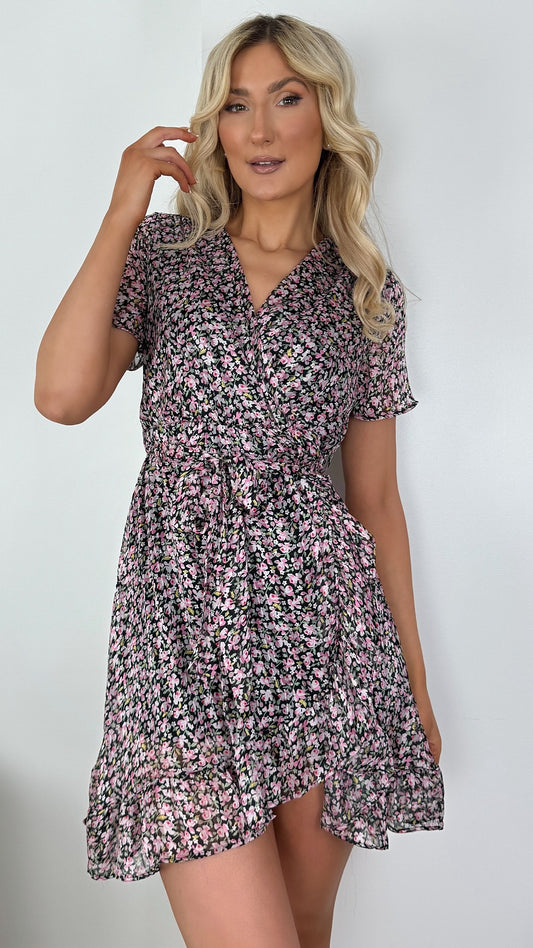 Avril Black Floral Short Wrap Dress