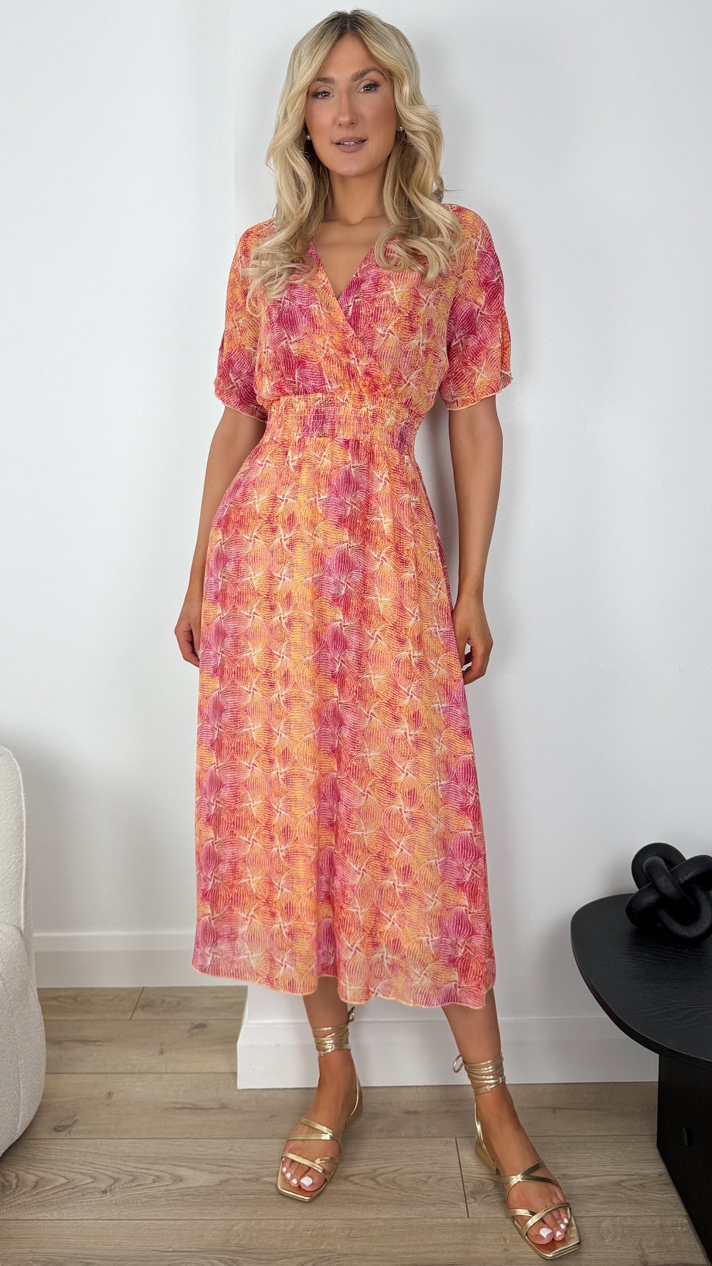Mary Printed Maxi Dress with Elastic Waist - Orange and Pink