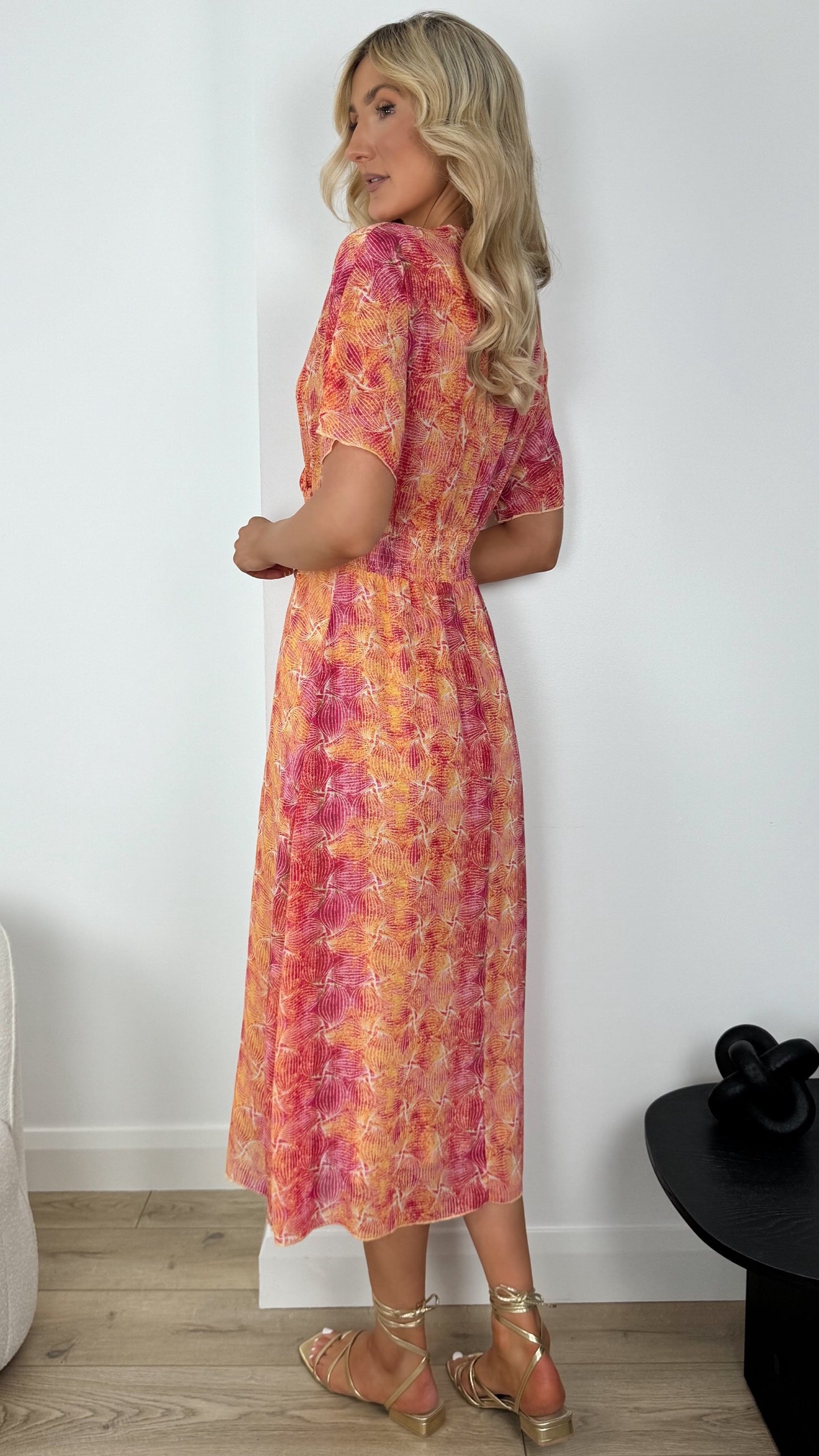 Mary Printed Maxi Dress with Elastic Waist - Orange and Pink