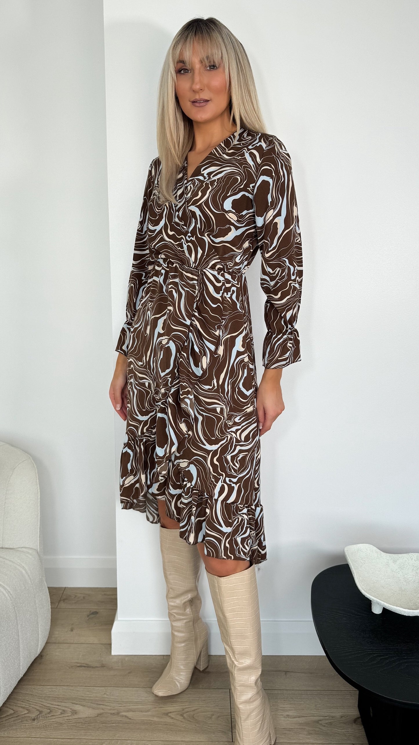 Anne Printed Midi Dress - Blue and Brown