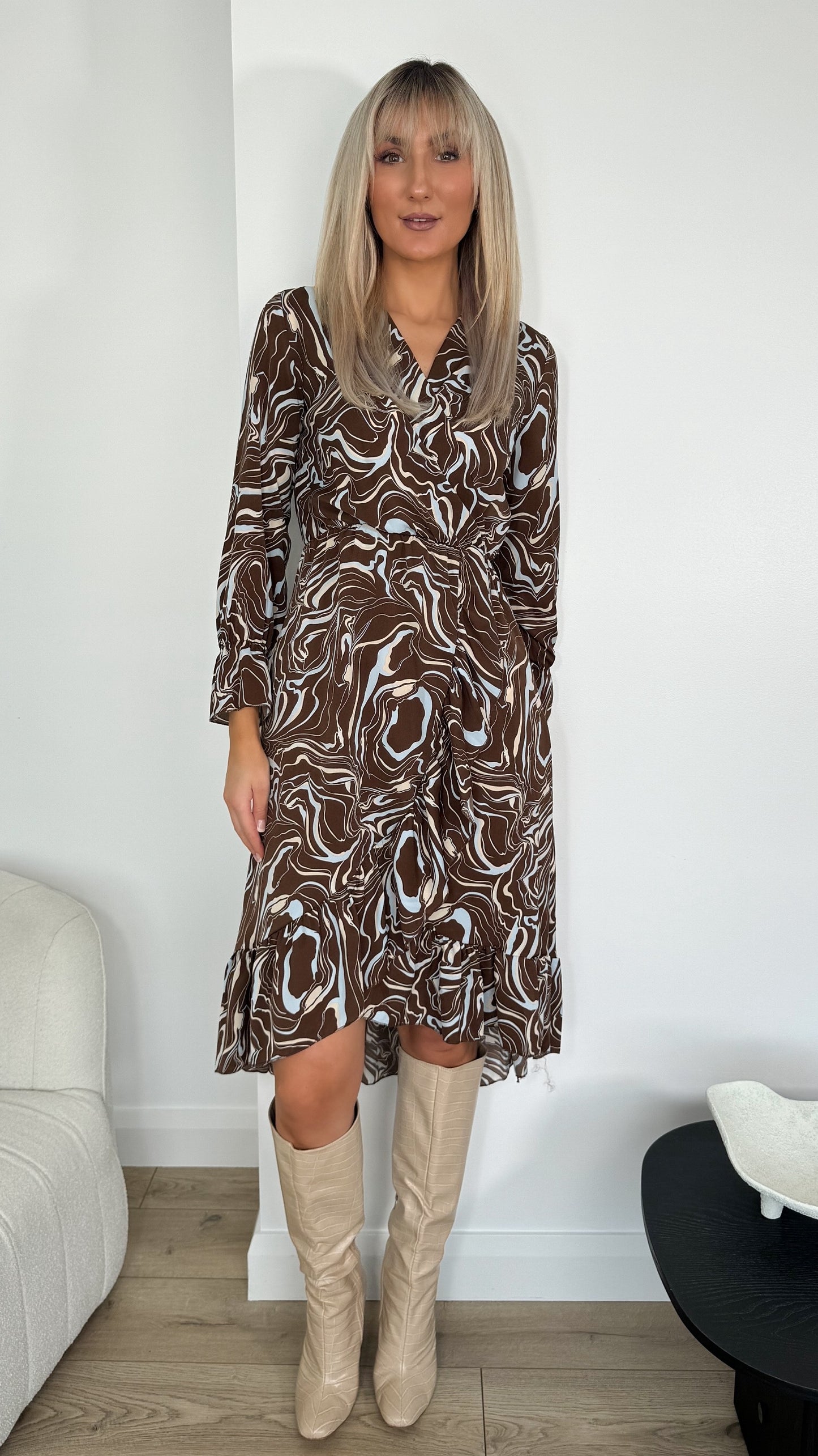 Anne Printed Midi Dress - Blue and Brown