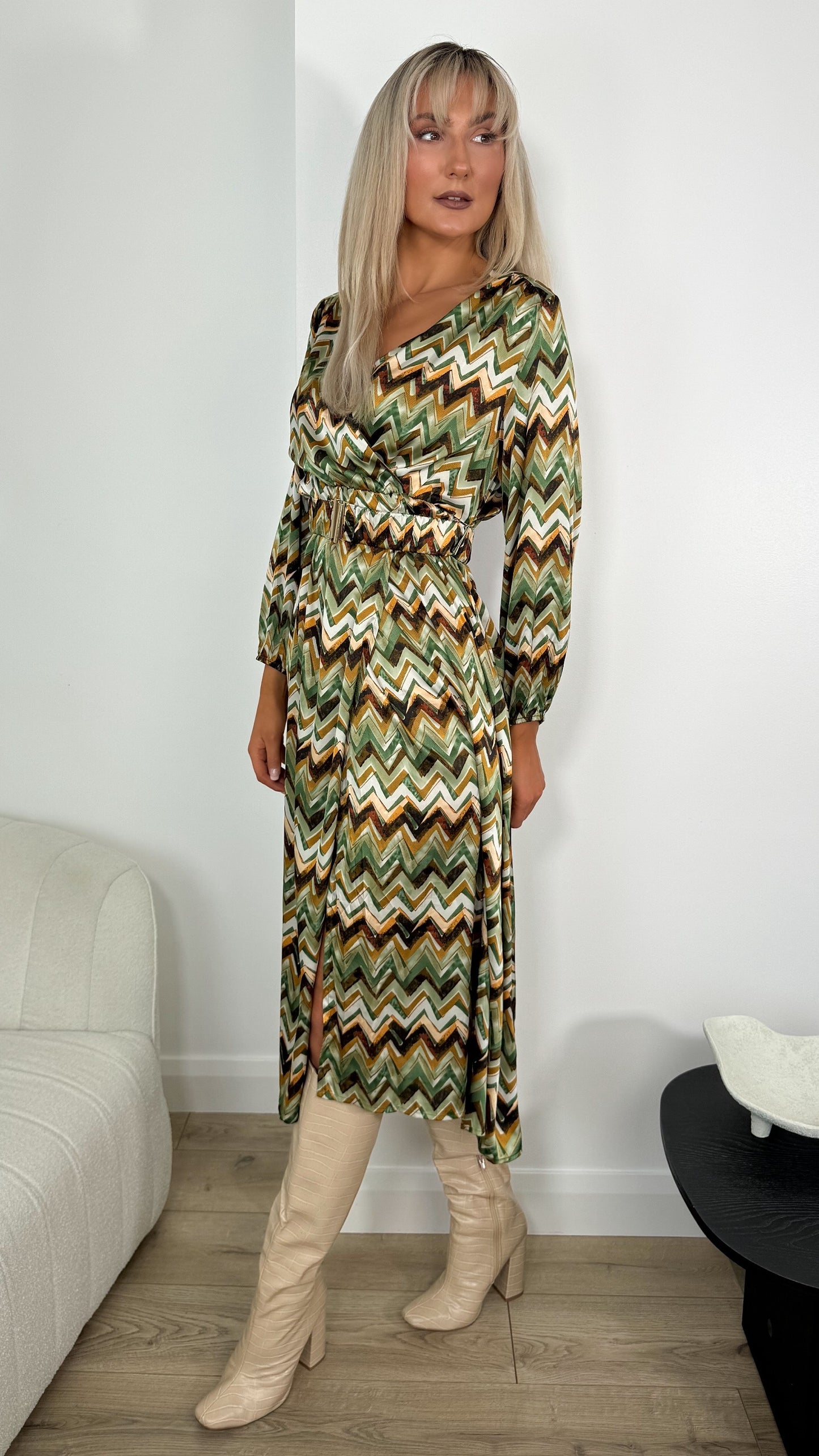 Geo Printed Dress With Belt - Khaki