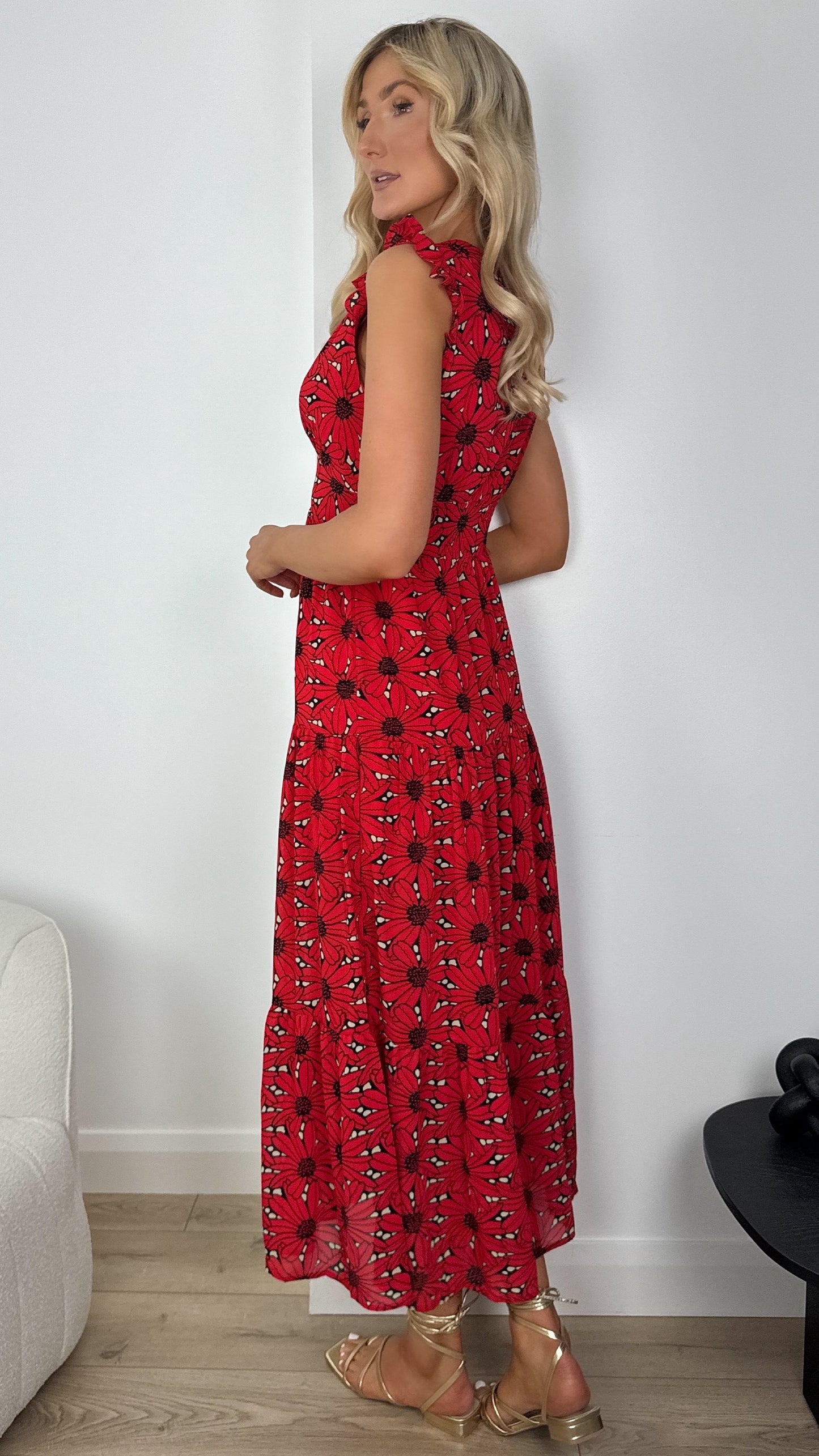 Joanne Midi Floral Dress with Front Slit - Red